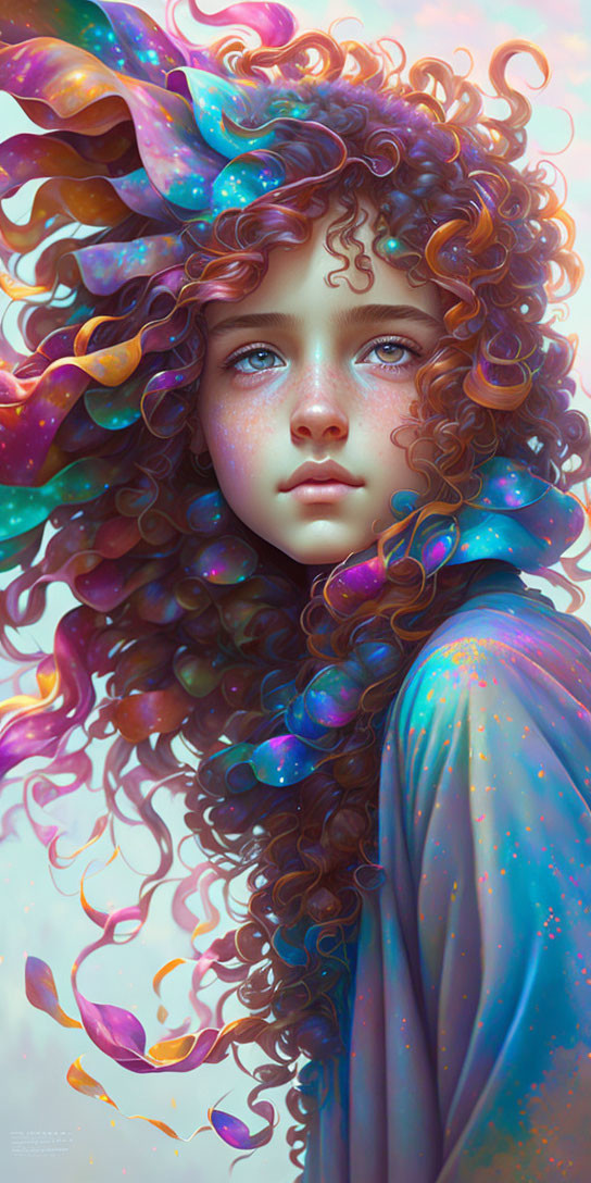 Colorful digital portrait: girl with wavy hair, blue eyes, cosmic iridescence,