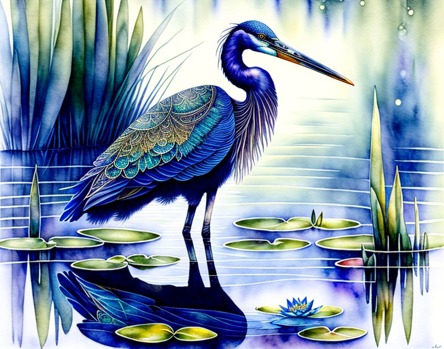 Vibrant Heron Illustration Among Reeds and Lily Pads