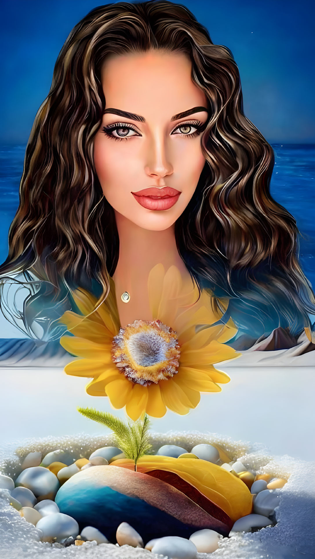 Woman's face illustration with dark hair above sunflower in surreal landscape