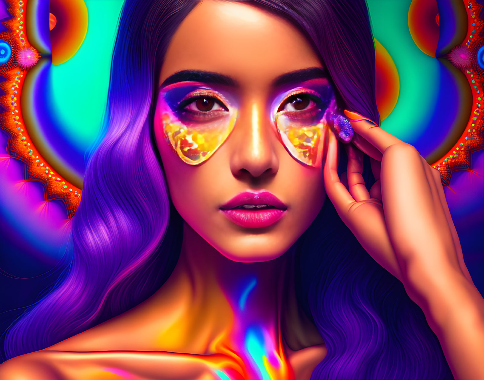 Colorful digital artwork: Woman with purple hair and yellow sunglasses on psychedelic background