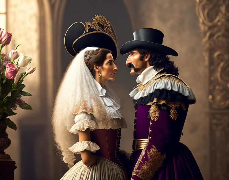 Man and woman in historical clothing gazing intently in vintage setting