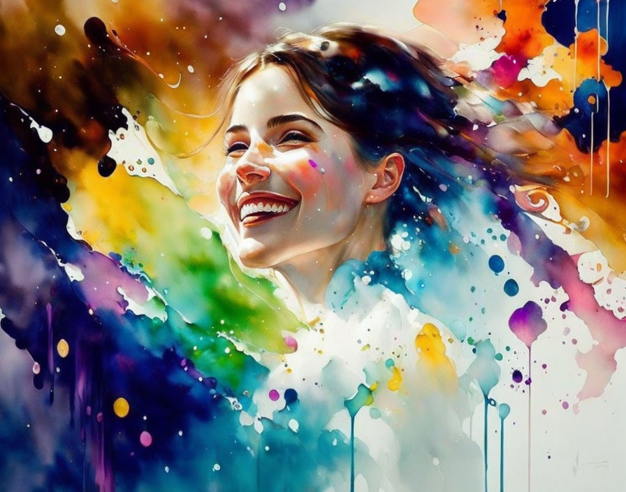 Colorful Watercolor Portrait of Joyful Woman