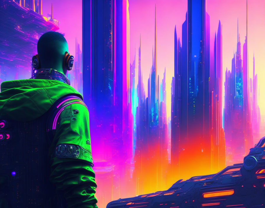 Futuristic green jacket person gazes at neon-lit cityscape