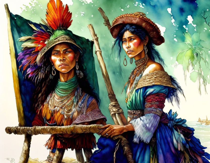 Indigenous women in traditional attire with flag and forest background