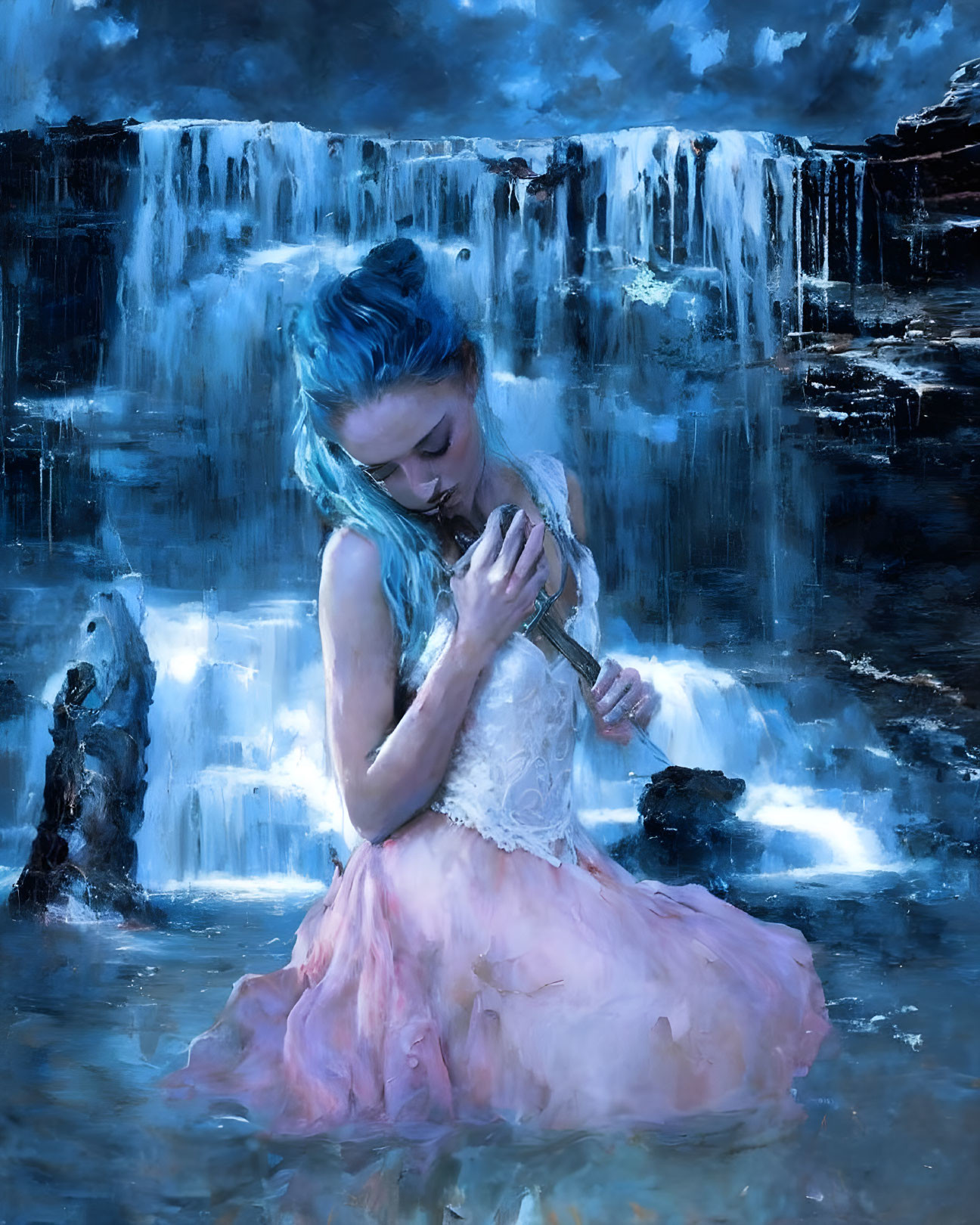 Blue-haired woman in pink dress by waterfall holding bright object