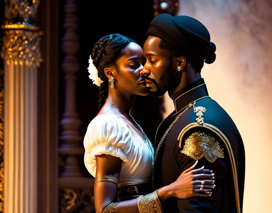 Period-costumed individuals in intimate embrace on grand room stage set