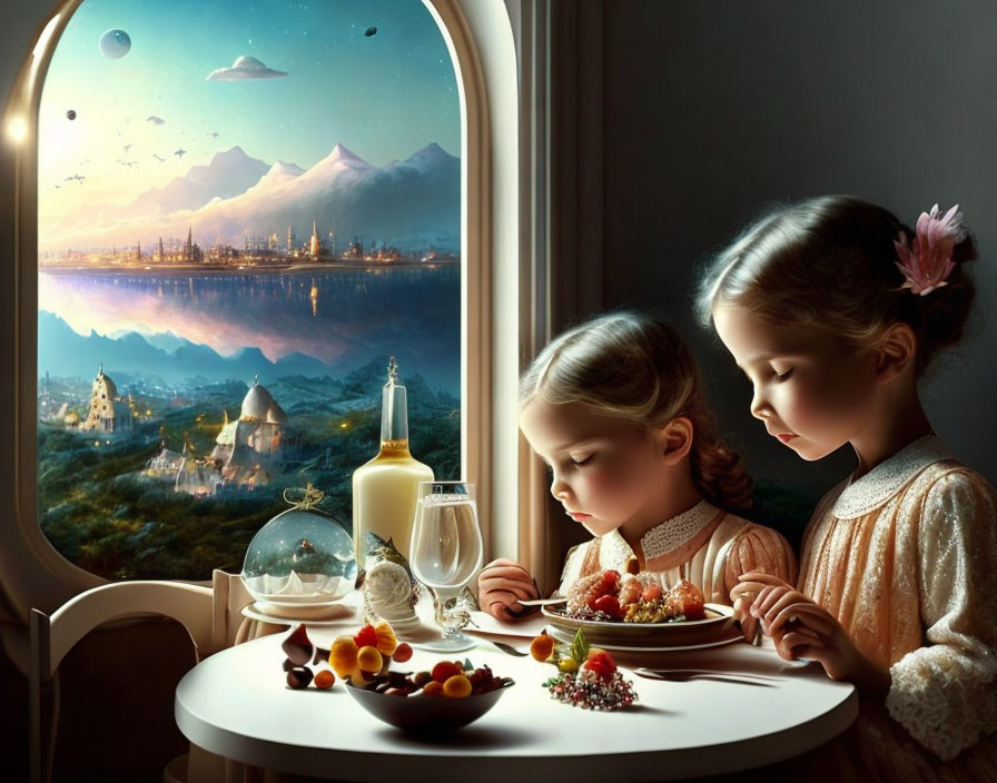 Two girls dining with fantasy landscape view from window