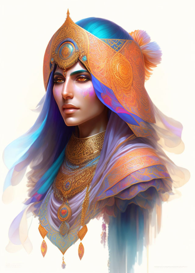 Person with Blue Hair and Ornate Golden Headgear: Mystical Illustration