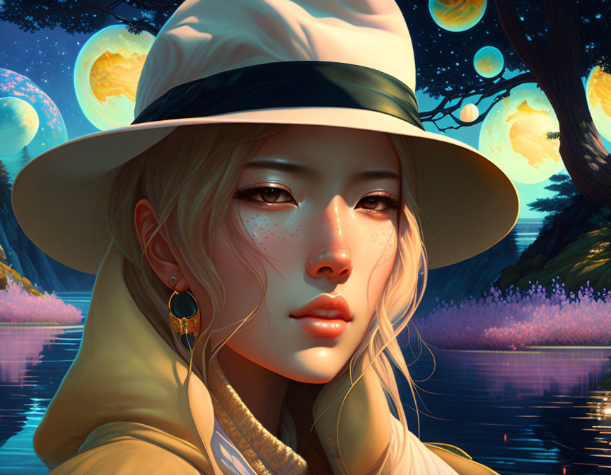 Digital illustration: Pale-skinned woman with freckles and blonde hair in wide-brimmed hat