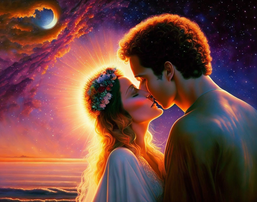 Vivid sunset couple embrace with crescent moon