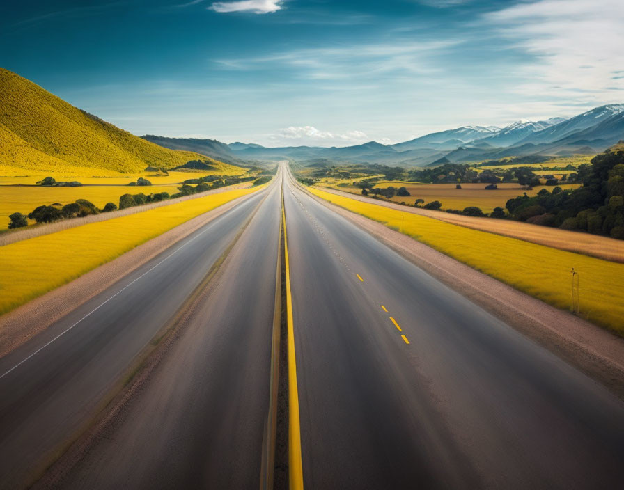 Scenic landscape: straight road, yellow fields, green hills, distant mountains.