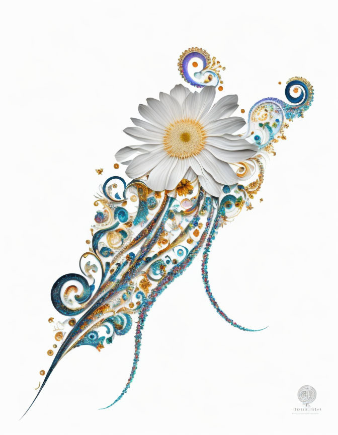 Stylized white daisy with ornate blue, gold, and brown patterns