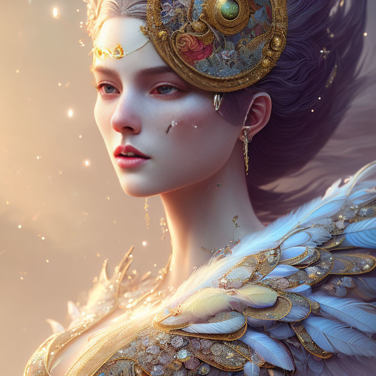 Ethereal woman in ornate headpiece and feathered garment surrounded by glimmering particles