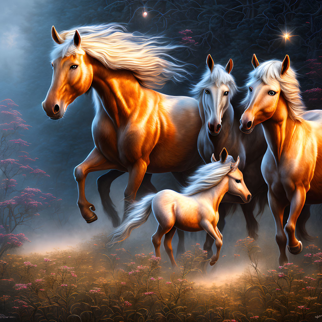 Majestic horses and foal in glowing forest with pink flowers