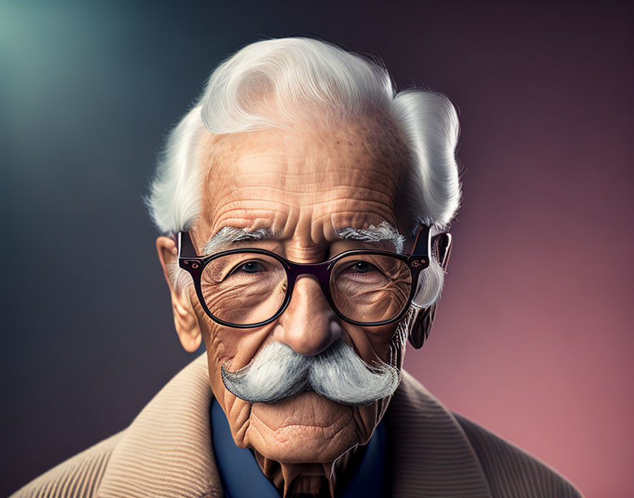 Elderly man with white mustache in beige suit and glasses on gradient background