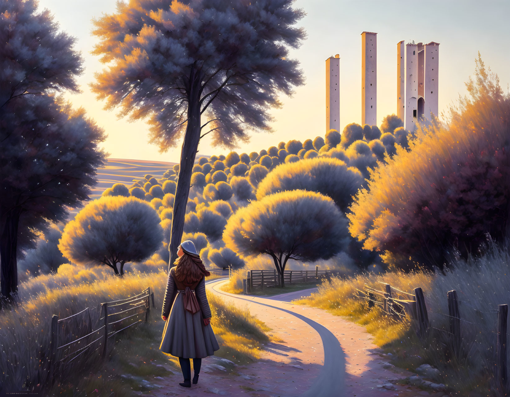 Person in trench coat and hat strolling in autumn park with high-rise buildings.