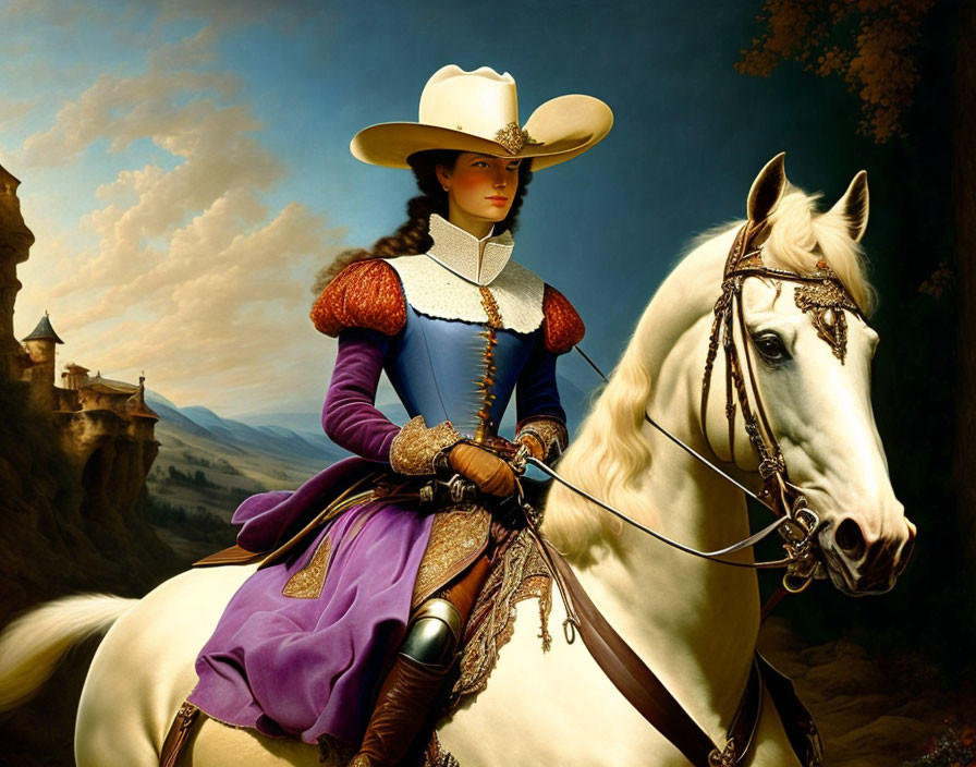 Elegant woman in historical outfit on white horse with wide-brimmed hat in scenic landscape