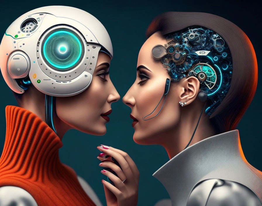 Female Robot and Human Figure Interaction Depicted