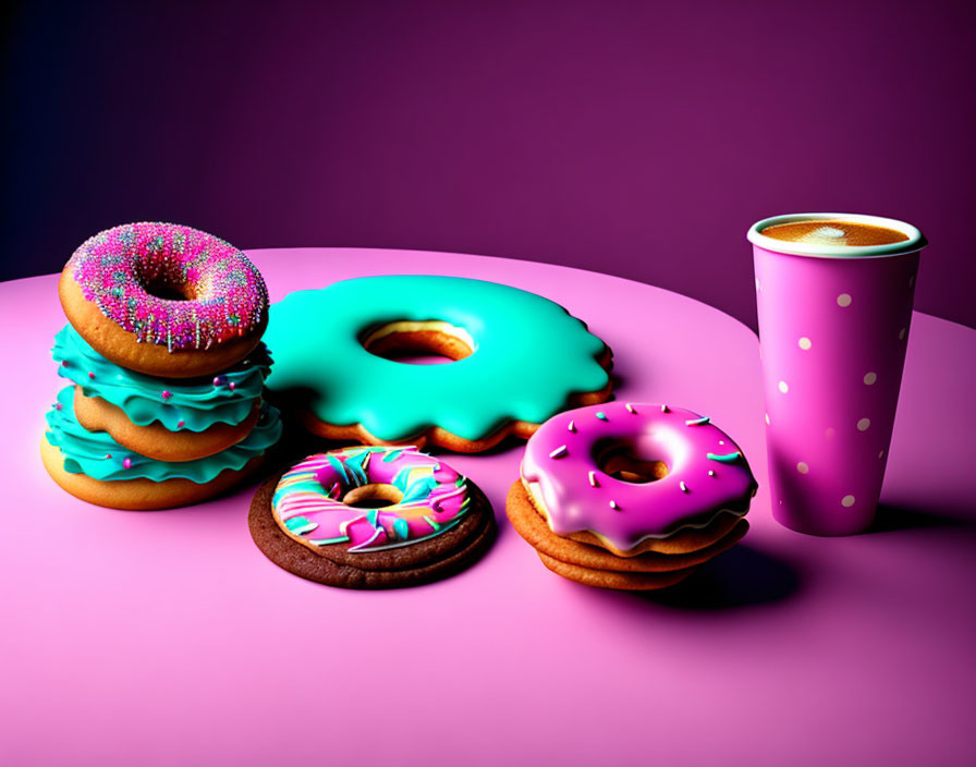 Assorted colorful donuts with coffee on pink surface.