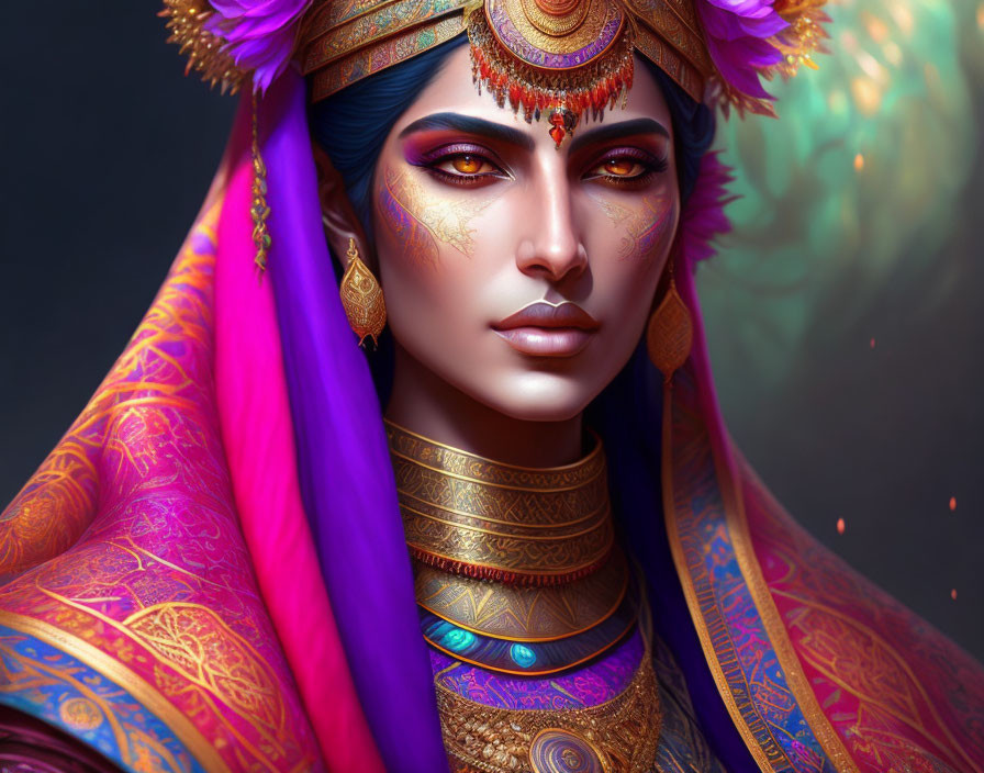 Illustrated portrait of woman with blue hair, gold jewelry, and purple sari