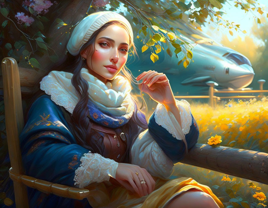 Illustrated woman in historical clothing in sunlit meadow with futuristic aircraft.