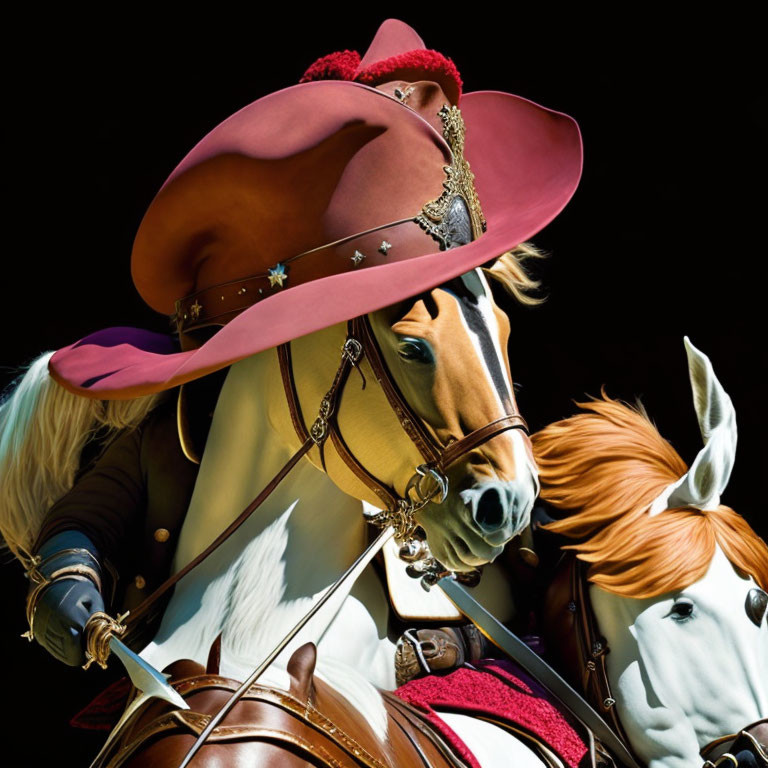 Person in Large Pink Hat Riding Brown Horse on Black Background