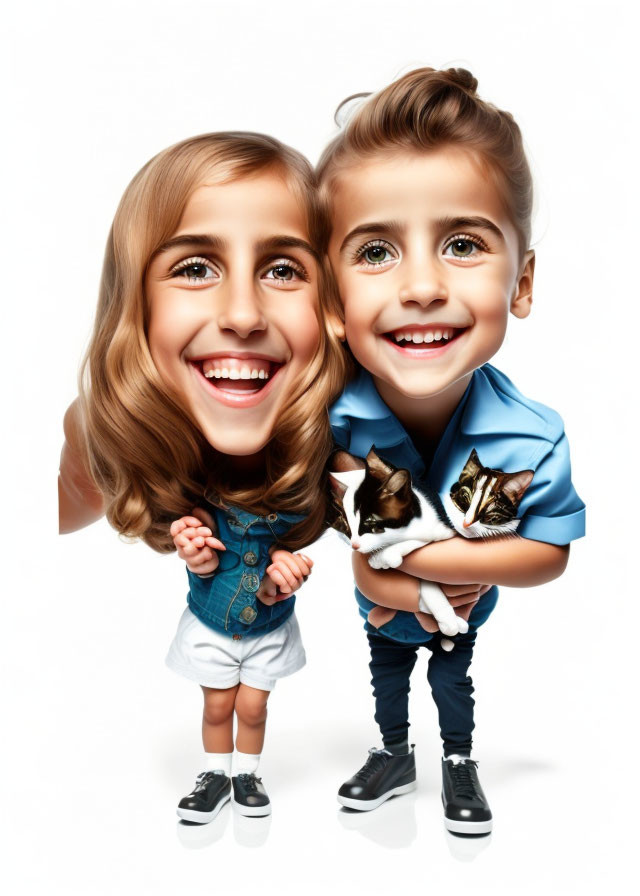 Smiling children with oversized heads holding kittens in blue and denim outfits