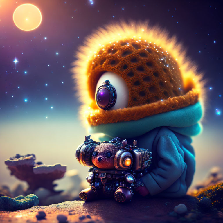 Animated robot in beanie and scarf stargazing on alien planet