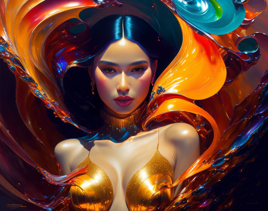 Colorful Abstract Digital Artwork of Woman with Flowing Elements