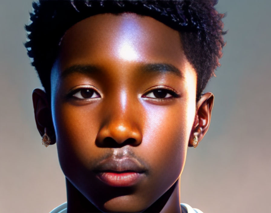 Young person with short curly hair and small earrings in close-up.