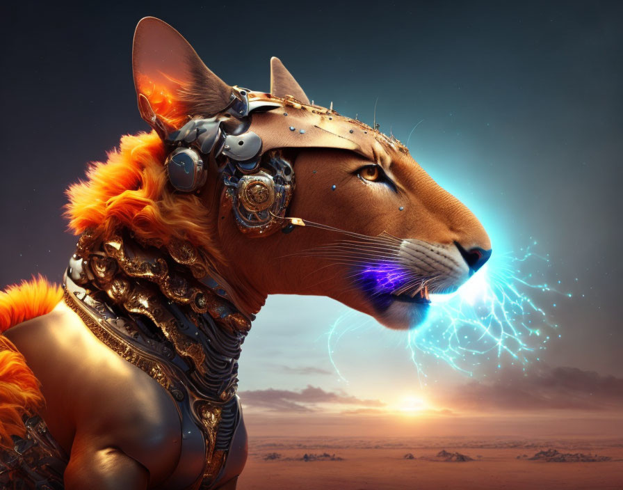 Cyborg lion digital art with glowing blue eyes in desert setting