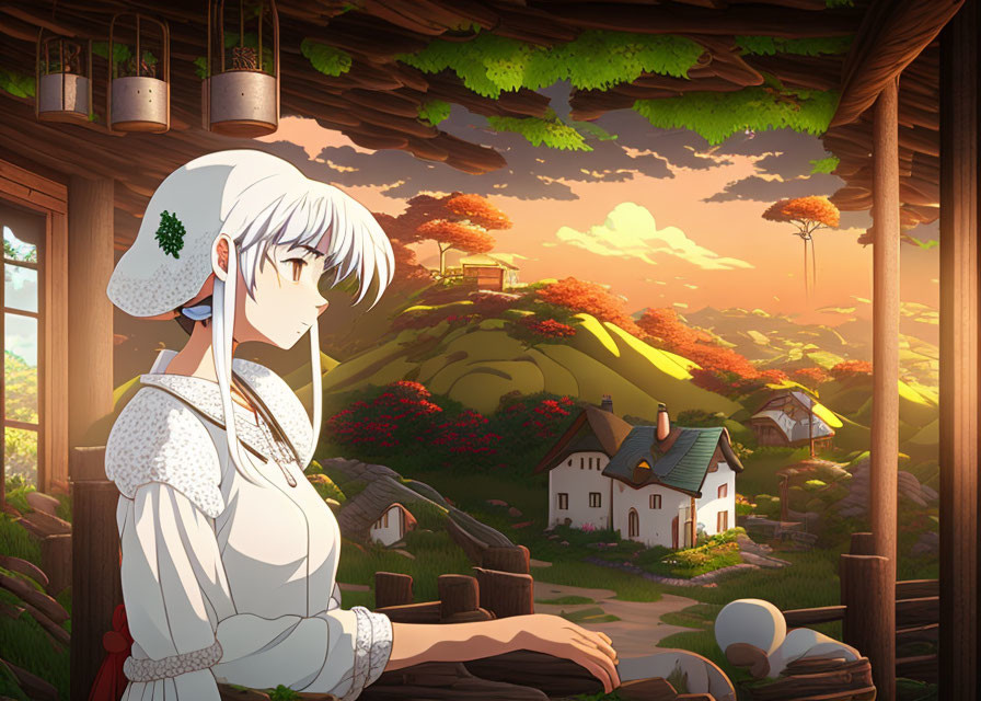 Maid girl in anime-style with serene village backdrop at warm sunset