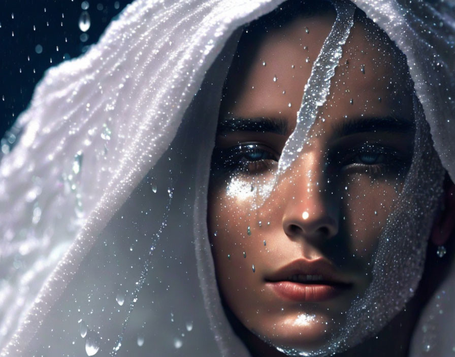 Translucent fabric draped over person with glistening water droplets.