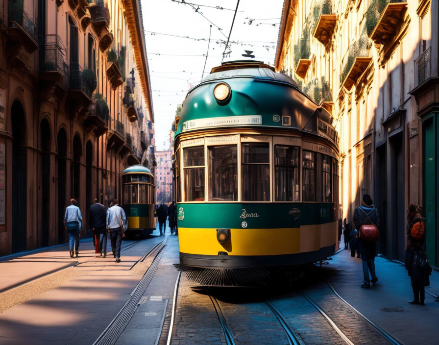 Vintage Green and Yellow Tram in Urban Setting with Pedestrians and Historical Buildings