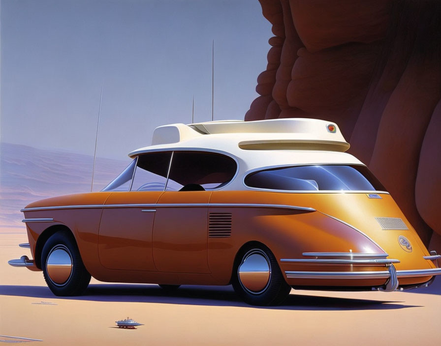 Retro-futuristic orange car in desert with sandstone formations