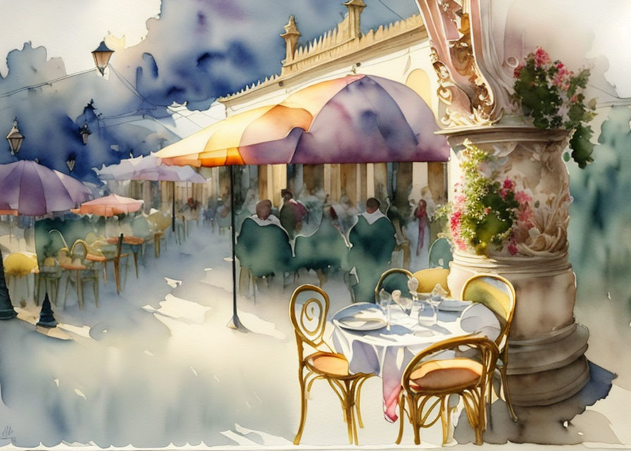 Quaint café terrace with colorful umbrellas and blooming flowers