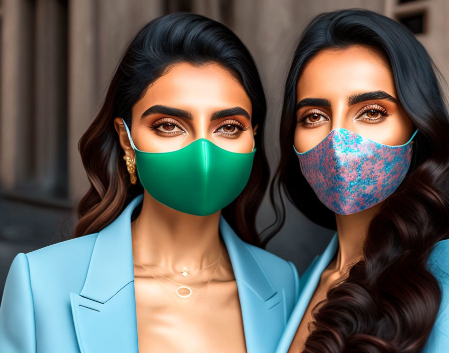 Two women in blue blazers with styled hair and makeup wearing masks - one solid-colored, the other