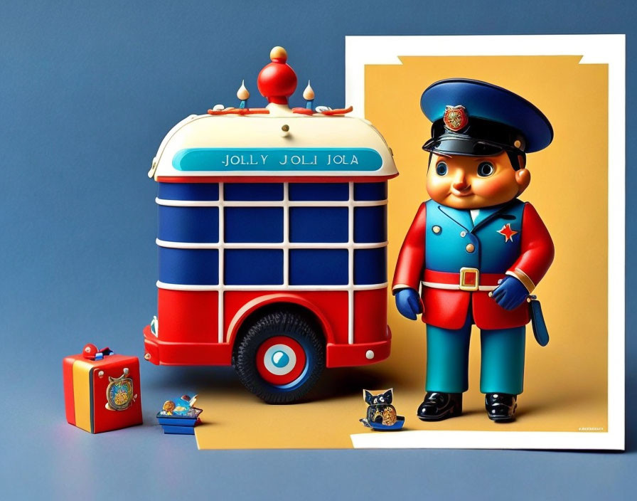 Whimsical toy-like scene with colorful bus and police figure