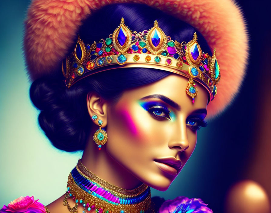 Woman with vibrant makeup and jeweled crown on blue background