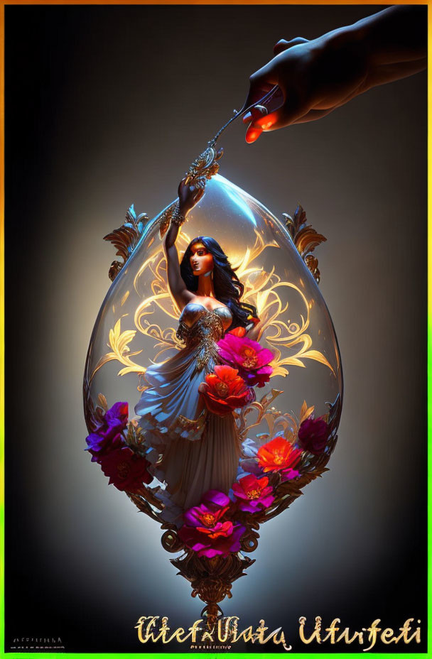 Illustration of woman in ornate egg-shaped vessel with flowers and golden patterns