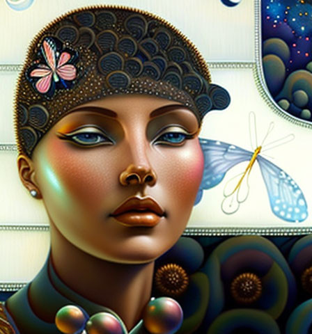 Illustrated portrait of woman with stylized makeup and butterfly on forehead