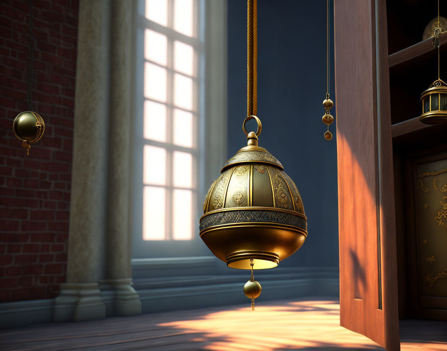 Golden pendulum swings in sunlit room with shadows on floor and bookshelf