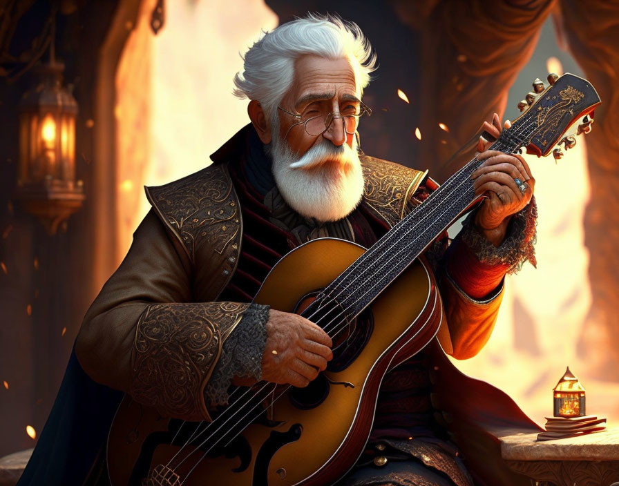 Elderly man with white beard playing guitar in ornate clothing