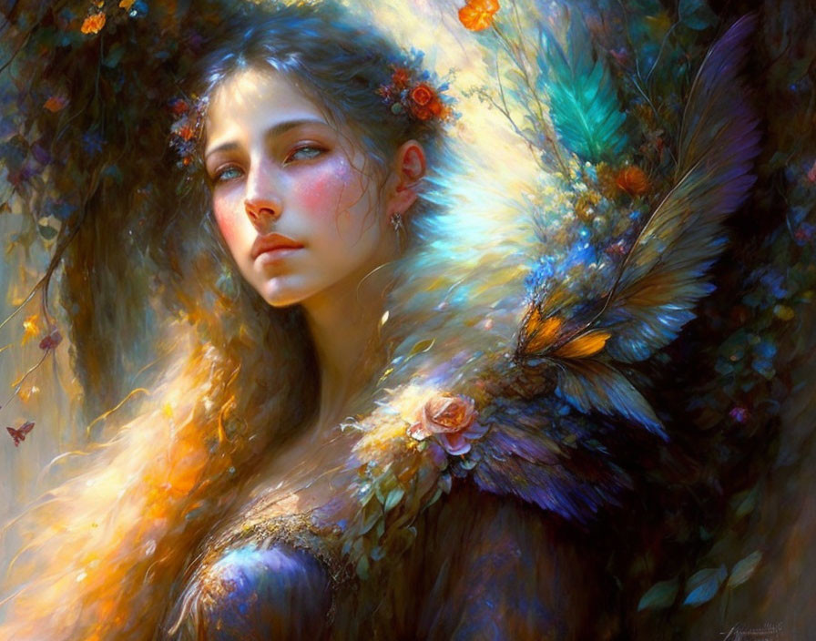 Ethereal woman portrait with flower hair and butterfly wings.