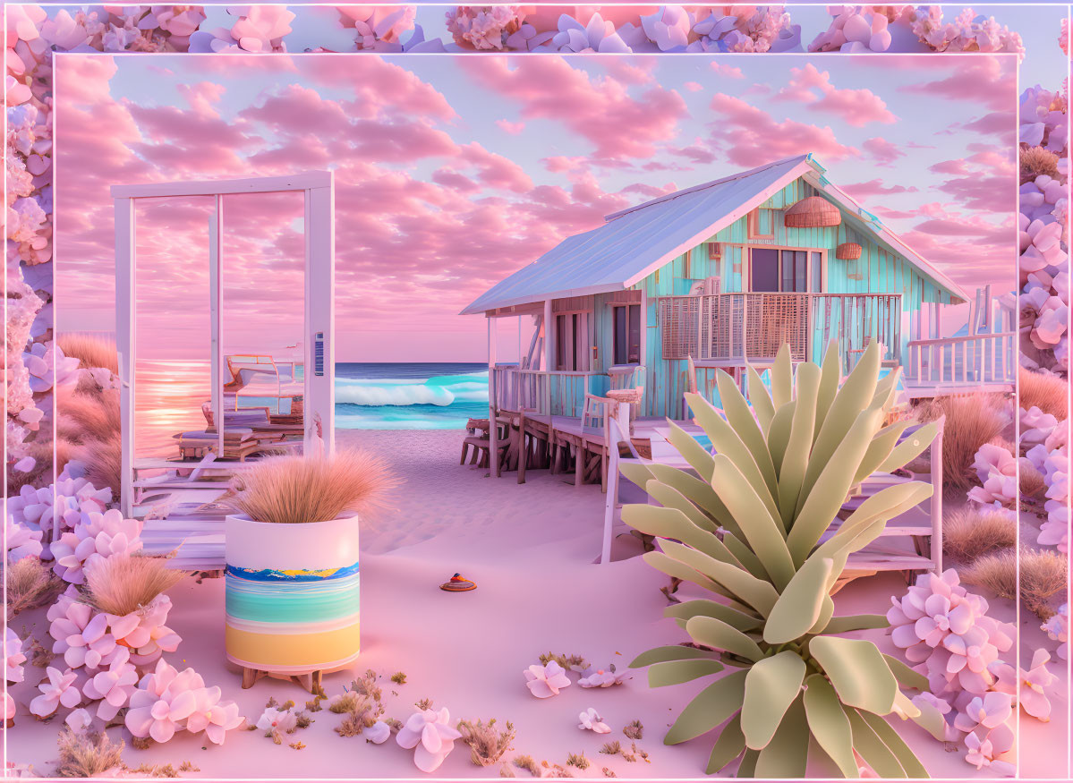 Pastel Beach Scene with Turquoise Beach House & Pink Clouds