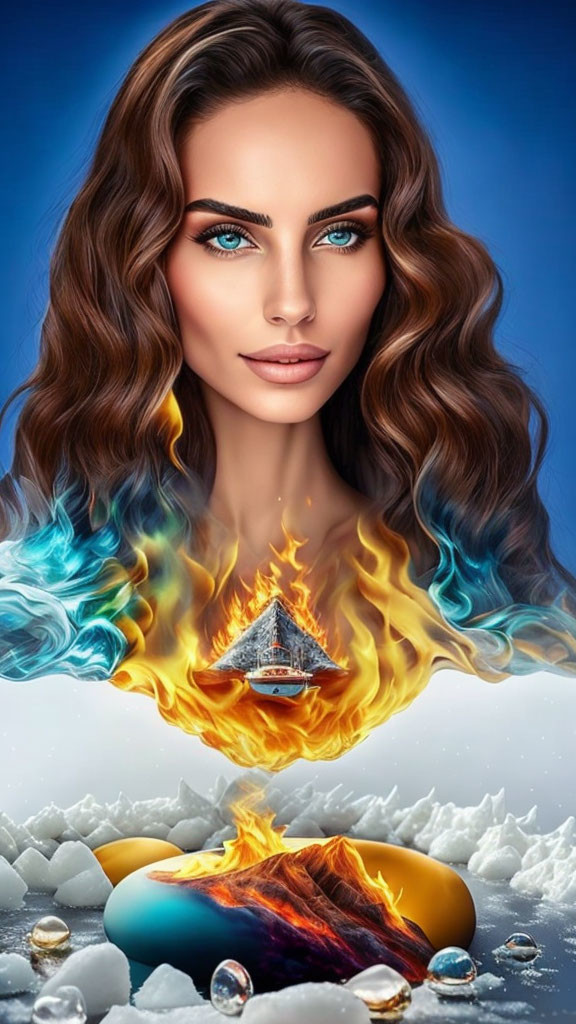 Digital Artwork: Woman with Blue Eyes and Flame Hair Over Ship and Icebergs