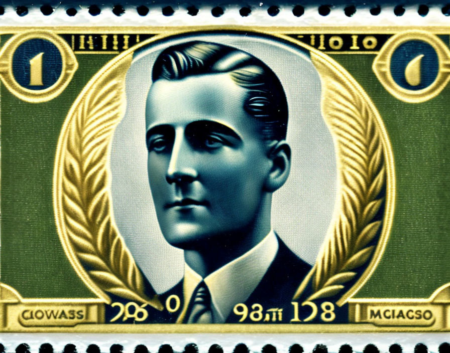 Vintage Stamp: Profile Portrait of Man with Slicked Hair, Laurel Leaves Frame