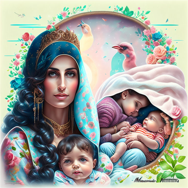 Illustration of woman in headscarf with flowers, birds, babies, dreamy backdrop