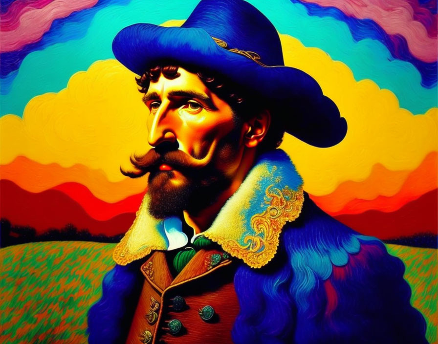 Colorful portrait of a man with large mustache in historical attire and wide-brimmed hat against