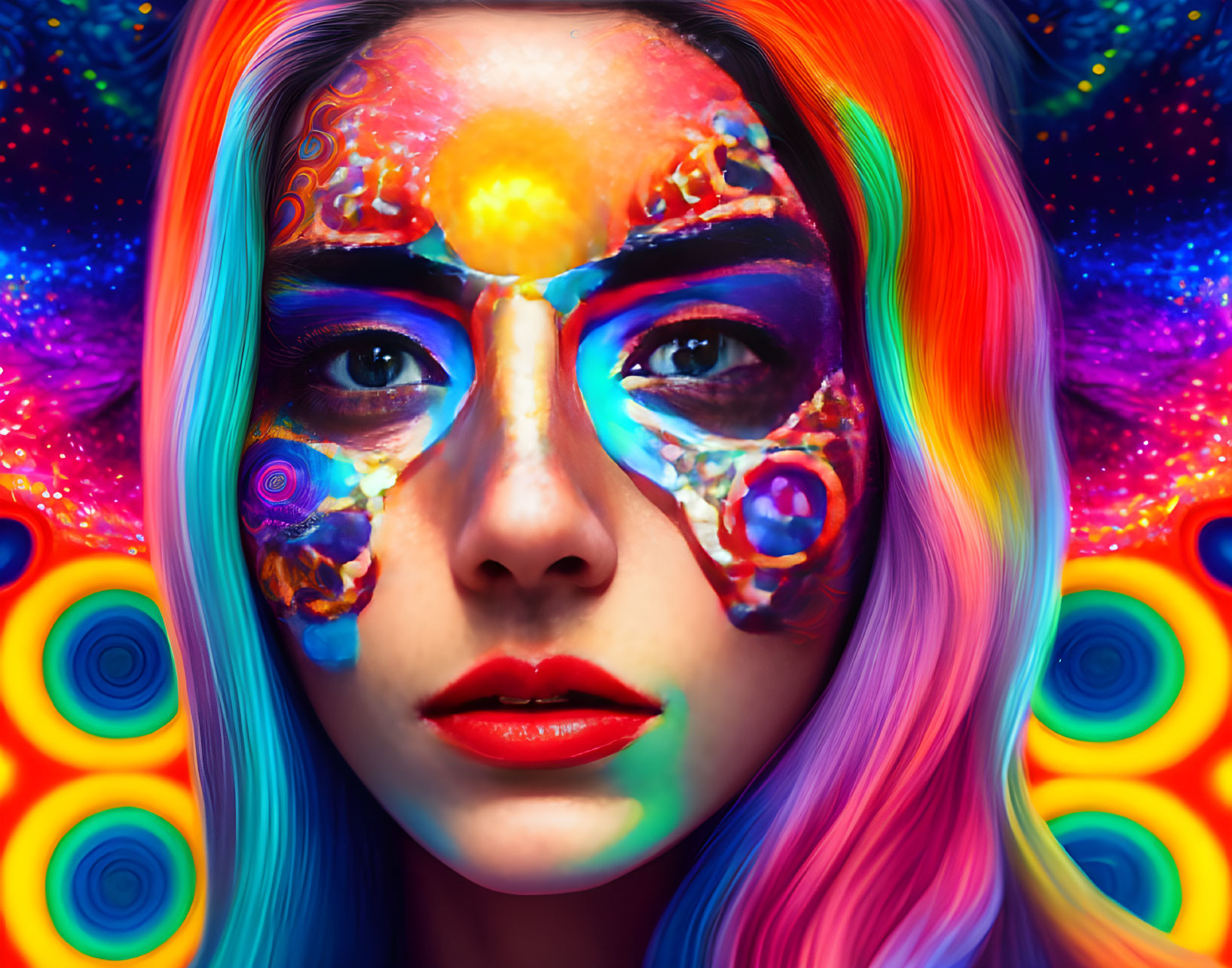 Colorful woman with rainbow hair and psychedelic face paint on vibrant background